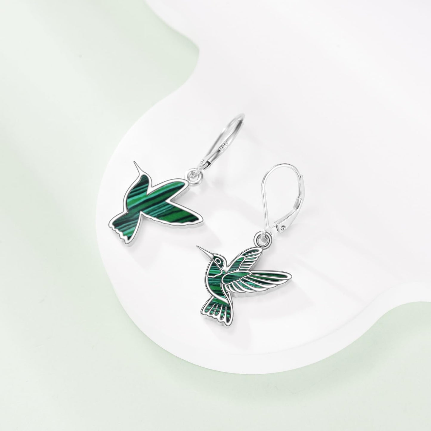 Hummingbird Dangle Earrings 925 Sterling Silver Bird Earrings for Women Bird Earrings (Malachite Hummingbird Earrings)