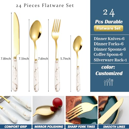 24 Pieces Flatware Set, Stainless Steel Cutlery Set with Silverware Holder, Modern Gold Silverware Set Includes Dinner Knives Forks Spoons,Hanging Silverware Set Service for 6 (White Gold) - color: White Gold