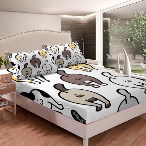 Manfei Lovely Cat Fitted Sheet Cute Kitten Butt of Cat Doodle Bedding Set 3pcs for Kids Boys Animal Theme Sheet Set Soft Polyester Bed Sheets (1 Fitted Sheet + 2 Pillow Cases) Full Size - color: Multi 993, size: Full (54*75*16")