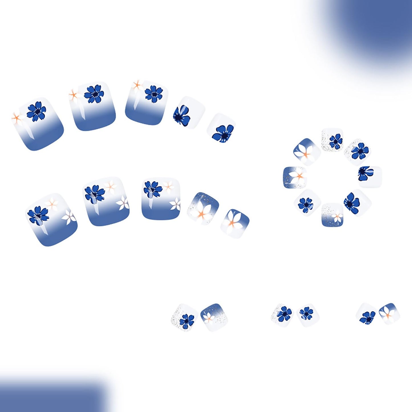 24Pcs Spring Summer Press on Toenails,Short Square Fake Toenails with Flower Glitter Designs Dark Blue French Gradient Toenails Full Cover Acrylic Glossy Stick on Toes Nails for Women