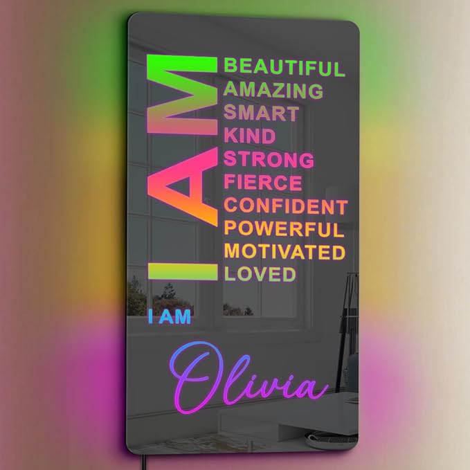Personalized Affirmation Mirror - I Am Mirror - LED Name Light Up Sign for Wall - RGB Light - Handmade for Bedroom