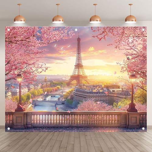 8x6ft Fabric Eiffel Tower Backdrop Paris Landscape Floral Lake Bridge Photography Background Wedding Girls Birthday Party Decorations Photo Booth Props - size: 8'x6'