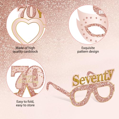 Guiruiy 24PCS 70th Birthday Paper Eyeglasses Decorations for Women, Pink Rose Gold Happy 70th Birthday Eyeglasses Party Supplies, Funny Seventy Year Old Birthday Glasses Decor - style: Rose Gold 70th