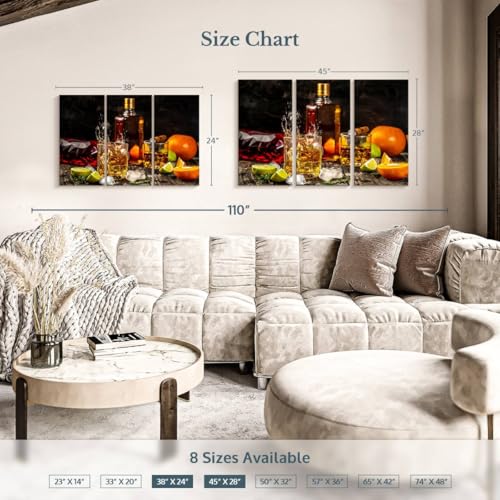 ElephantStock - Citrus Whiskey And Cigar Wall Art - Horizontal Multi Panel Canvas - 3 Piece Living Room Wall Decor - Photography Food And Drink Multi Piece Wall Art - Brown And Gray Decor - 38" x 24" - size: 38L" x 24W"