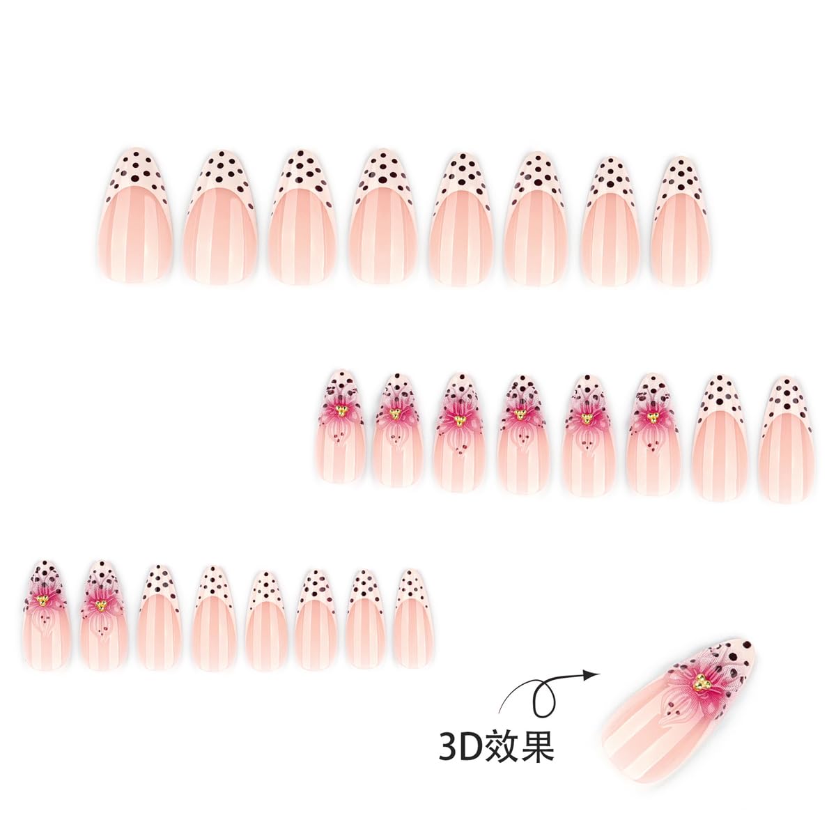French Tip Press on Nails Almond, Medium Fake Nails with 3D Flower & Polka Dot Design, Soft Gel Nail Tips, Acrylic Nails Press ons, Reusable Full Cover Glue on Nails for Women 24Pcs