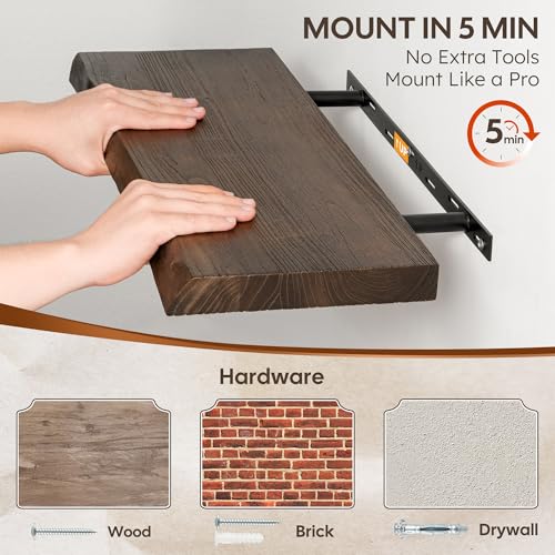 Floating Shelves Set of 2, Solid Elm Wood Wall Shelves 36 Inch - Invisible Bracket Mount for Living Room, Bedroom, Kitchen, Bathroom - Brown - color: Dark Brown, size: 36"L, 2-Pack