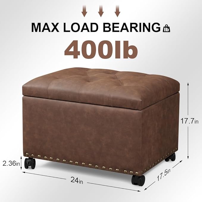 Joveco Leather Storage Ottoman with 360° Caster Wheels 24" Foot Rest Bench Rectangle Ottomans