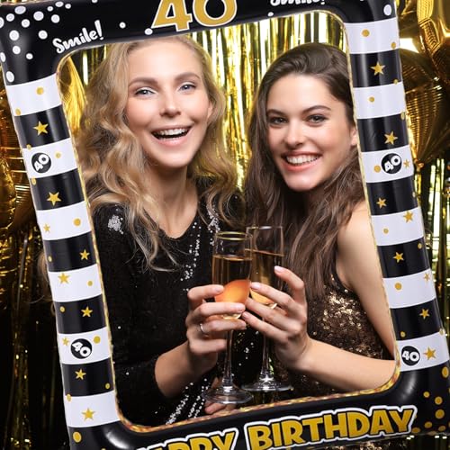 40th Birthday Photo Booth Props, Black Gold Inflatable Photo Booth Frame, 30PCS Photo Booth Props for Party Selfie Party Decorations and Gifts - size: 40th Birthday Inflatable Frame