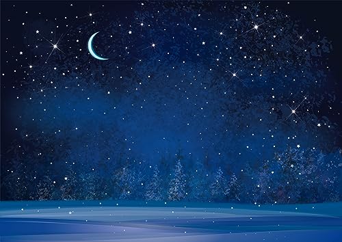 BELECO 12x8ft Fabric Winter Wonderland Night Snowfall Backdrop Blue Starry Sky Moon Stars Snowflakes Fir Trees Pine Forest Snow Scene Background Christmas New Year Party Decoration Photo Studio Props - size: 12x8FT