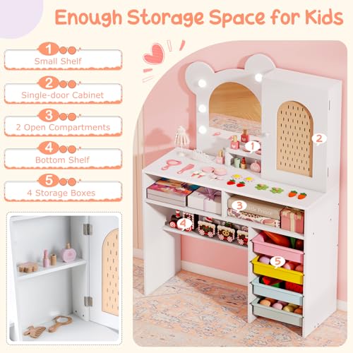 Costzon Kids Vanity with Lights, Girls Vanity Set with Mirror, Storage Drawers, Cabinet & Shelves, Toddler Makeup Vanity Desk Dressing Table, Wooden Kids Vanity Table and Chair Set (White) - style: White with Storage Bins