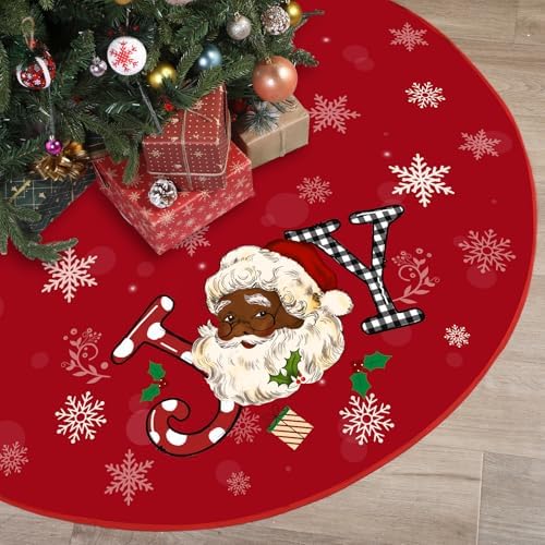 Tiamon Christmas Tree Skirt - 48 Inch Red African American Xmas Tree Mat Decor Snowflake Joy Santa Claus Decor for Winter Holiday Christmas Decoration Supplies