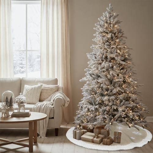 OurWarm Christmas Tree Skirt 60 inches, Burlap Tree Skirt for 7.5 ft Tree to 9 ft Tree, Large Snowflake Tree Skirt with Faux Fur, Xmas Tree Skirts for Winter Indoor Holiday Christmas Tree Decor