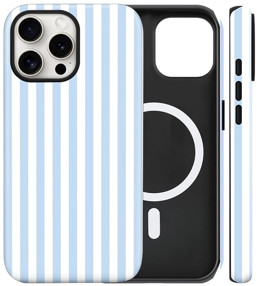 flewfun Magnetic for iPhone 16 Pro Max Case Cute Stripes Phone Case, Shockproof Slim TPU and Hard PC Protective Phone Cover Compatible with MagSafe Designed for Women Girls, Blue and White