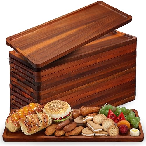 Skylety 15 Pack Solid Wood Serving Tray Large Acacia Party Server Platter Rectangular Charcuterie Board with Grooved Handle for Home kitchen Cheese Appetizer Farmhouse Table Supplies (16.7 x 6.4 Inch) - size: 16.7 x 6.4 Inch