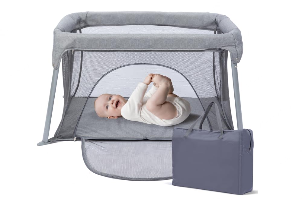 CAPAKIDDO Lightweight Travel Crib - Portable Baby Playard，Foldable Play Yard with Zipper Door, No Tools Setup, Compact for On-The-Go