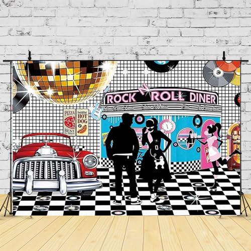 Disco Retro Style Photo Backdrop - 50's Rock Roll Prom Dance Birthday Diner Party Decor - Classic Car Party Decoration Banner, 7x5FT