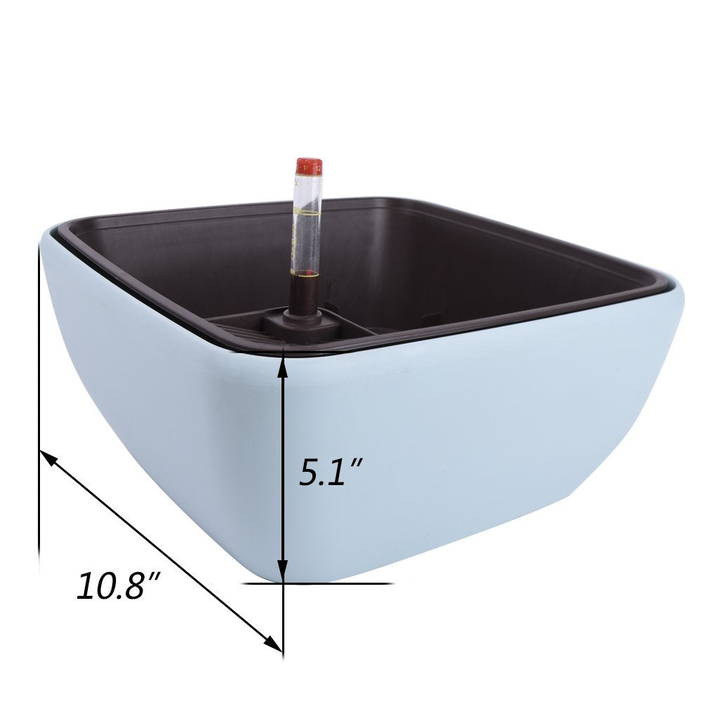 Vencer 10.8 Inch Plastic Square Self Watering Planter,Water Indicator,Modern Decorative Planter Pot for All House Plants Flowers,Herbs,Vegetables,Tropical,Blue,VF-049B