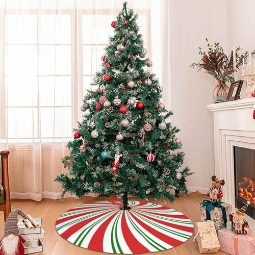 Red and White and Green Candy Cane Lollipop Sugar Swirl 36 Inch Christmas Tree Skirt Round Winter Snow Suitable for Christmas Xmas Halloween Holiday Party Decor Decoration Occasion
