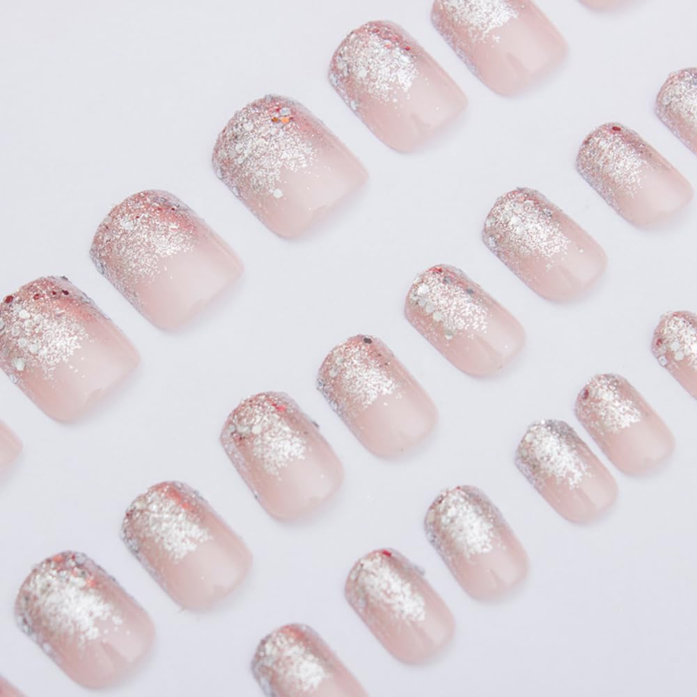 Hrnsnails Nails Press ons,Glitter Ombre Short Square Press on Nails Fake Nails Acrylic Artificial Nails Sparkly Sequins Stick on Nails for Women 24Pcs