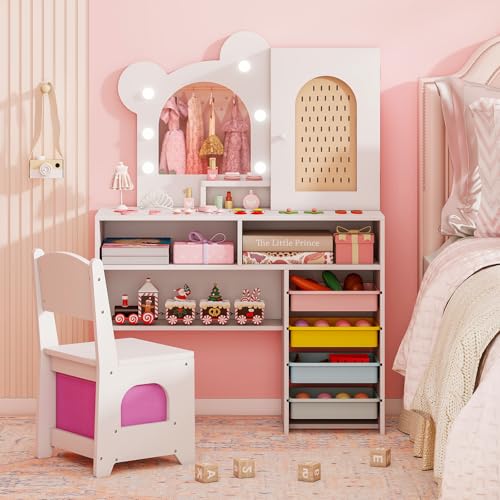 Costzon Kids Vanity with Lights, Girls Vanity Set with Mirror, Storage Drawers, Cabinet & Shelves, Toddler Makeup Vanity Desk Dressing Table, Wooden Kids Vanity Table and Chair Set (White) - style: White with Storage Bins