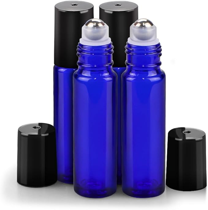 sungwoo 4 Pack Roller Bottles, 10 ml Essential Oil Glass Roller Bottles with Stainless Steel Roller Balls Blue
