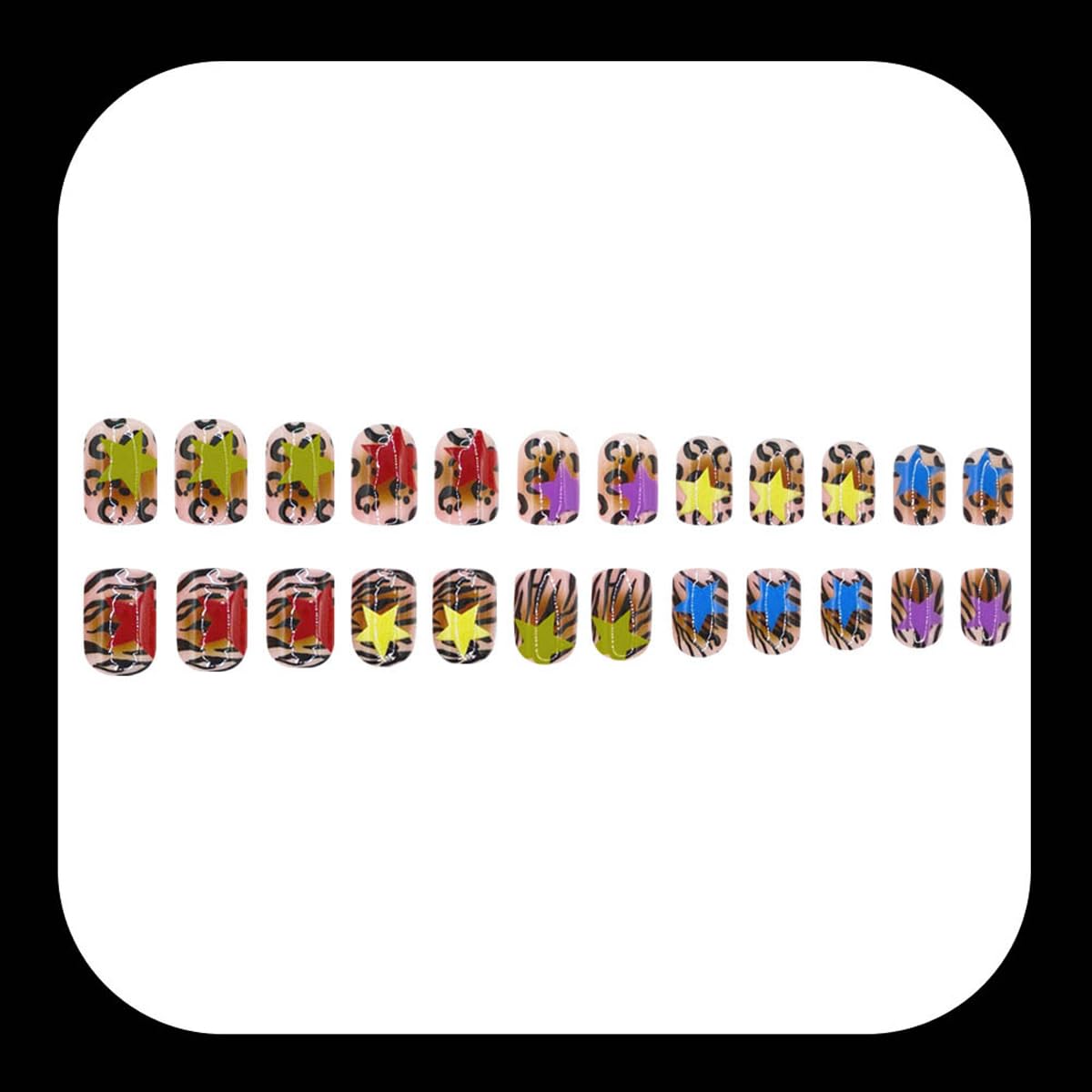 Short Square Press on Nails Colorful Star Fake Nails with Leopard & Zebra Print Design Acrylic Reusable Nails Press ons Full Cover Glossy Glue on Nails for Women Manicure 24Pcs