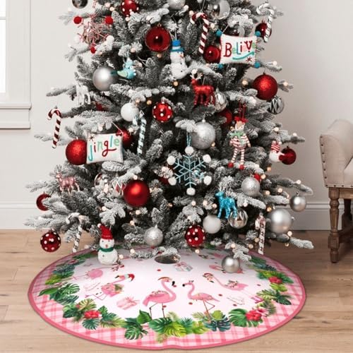 Pink Flamingos Christmas Tree Skirt 36 Inch Xmas Tree Mat Party Decor Supplies for Holiday Home Decorations