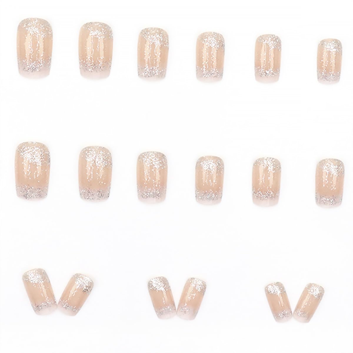 24Pcs Press on Nails Medium Square French Tip Fake Nails with Silver Glitter False Nails White French Tip Stick on Nails Nude Full Cover Artificial Glue on Nails for Women Girls DIY Nails Art