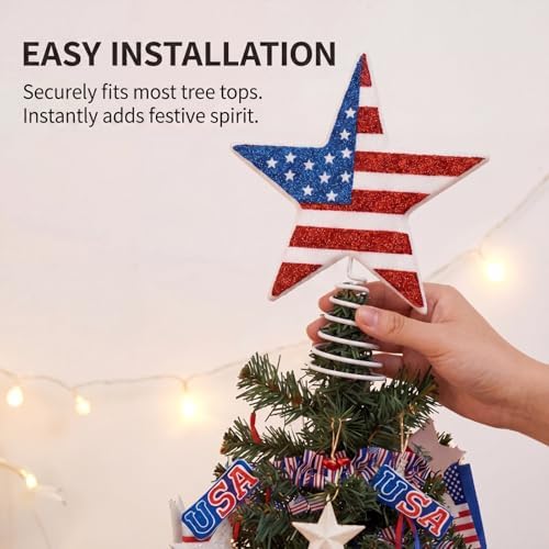Gejoy 6 Inch Patriotic Tree Topper Glitter Star Tree Topper Patriotic American Flag Red White Blue Trees Decor for Indoor Outdoor Home Office Decor