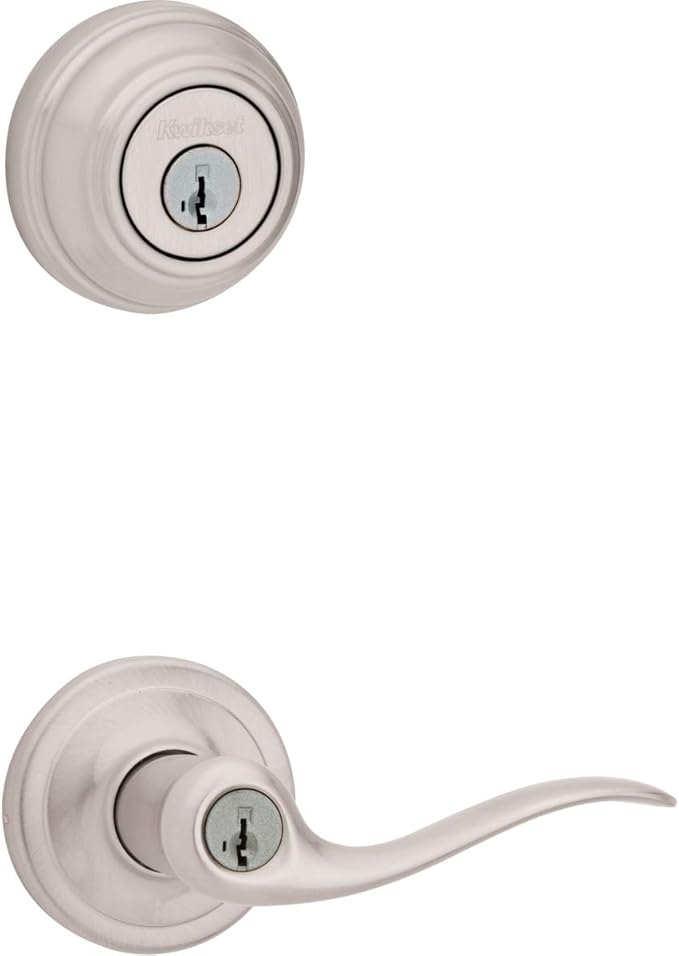 Kwikset 991 Tustin Entry Lever and Single Cylinder Deadbolt Combo Pack featuring SmartKey in Satin Nickel, Model Number: 99910-040
