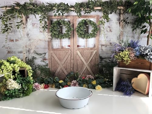 Kate Rustic White Painted Brick Wall Wood Door Photography Backdrops 10x10ft Spring Green Grass and Flowers Photo Backgrounds Baby Shower Backdrop Photoshoot Props - size: 10x10ft