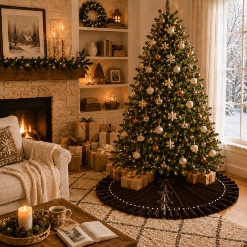 Christmas Tree Skirt,Velvet Tree Skirt with Ruffled Edge with Pearls, Classic Large Velvet Fur Plush Tree Skirt for Merry Christmas(Brown,36Inch)
