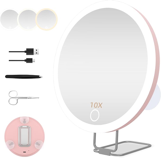 20X Magnifying Mirror with Light, Large 6inch Lighted Magnified Mirror 20x with 3 Suction Cups and 360° Table Stand, Rechargeable 3 Colors Dimming Vanity Makeup Mirror with Tweezers & Scissors