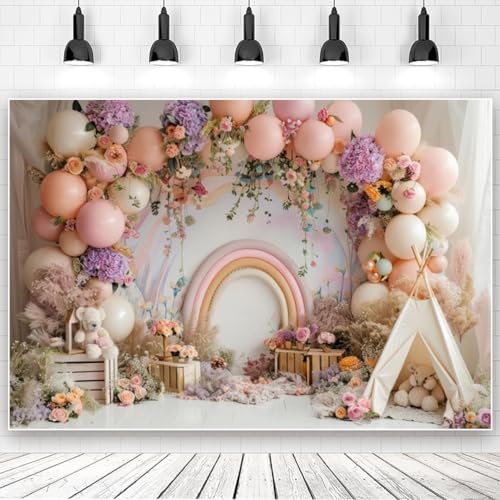 Newborn Baby 1st Birthday Photography Backdrop - Boho Balloons Tent Flower Decor Background for Kids Birthday, Baby Shower Party Portrait Cake Smash Props (7x5ft) - size: 7x5ft