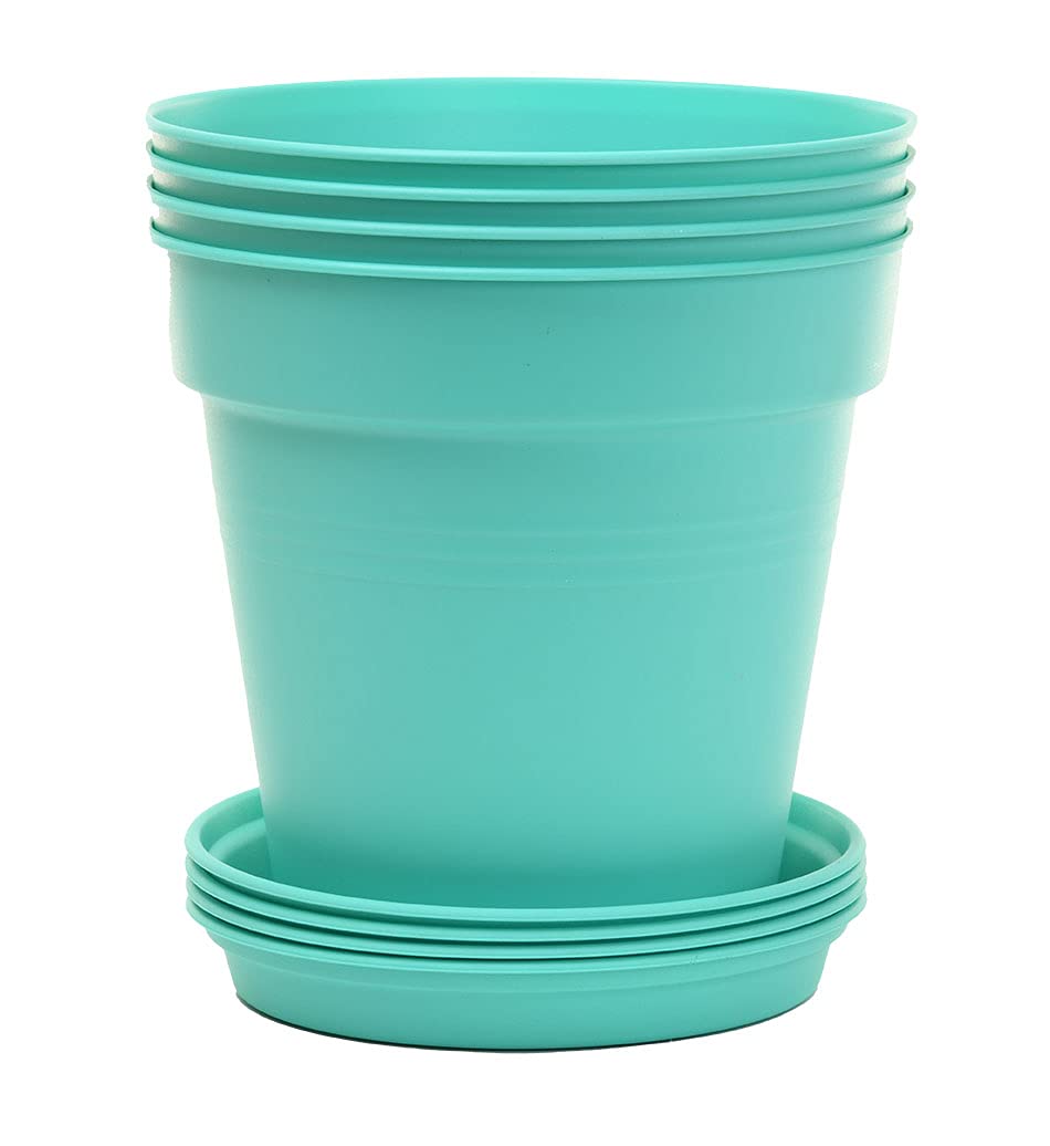 Mintra Garden Pots, 4 Pack Bulk Plastic Plant Pots with Drainage Tray, Round Indoor & Outdoor Decorative Planters with Drain Holes for Flowers, Herbs & Plants, 19cm Diameter – Teal, 7.5 in