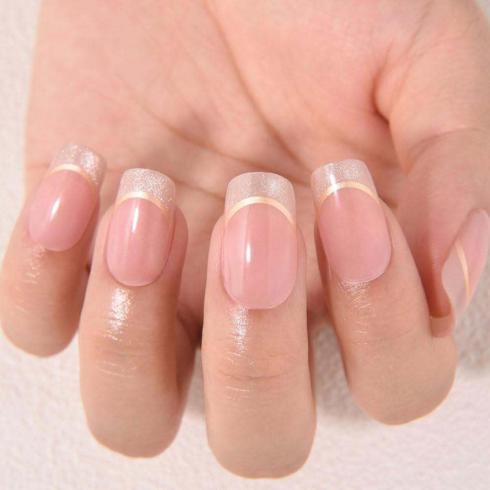 evpct French Tip Press On Nails Medium Squoval No Glue, Nude Pink Gold Line&Cat Eye Tips, Medium Squoval Fake False Press on Nails, Soft Stick on nail Press ons with Nail Kit, Reusable Salon-quality