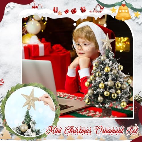 RoundFunny 25 Pcs Mini Christmas Balls Ornaments Set 1.57 Inch Christmas Day Ball Topper Star Tree Hanging Ornaments for Party Decoration(Gold)