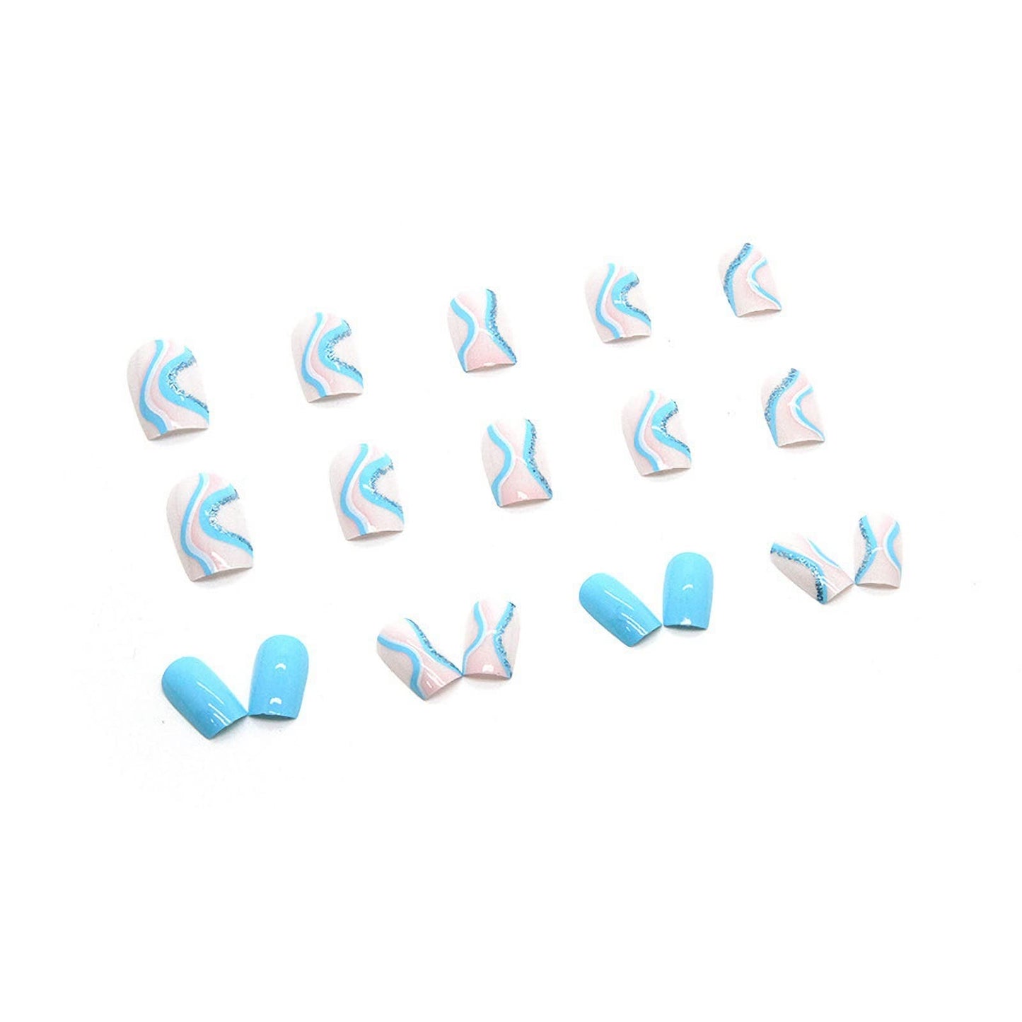 MISUD Press on Nails - Short Square Fake Nails with Summer Blue Swirl, Acrylic Bling Glitter Design 24 pcs