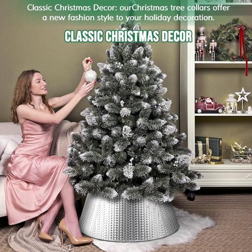 EIMMBD Metal Christmas Tree Collar, 28 Inch Christmas Tree Collar Basket Skirt for Large Christmas Tree, Artificial Tree Skirt Holiday Christmas Decorations Indoor Outdoor(Silver)