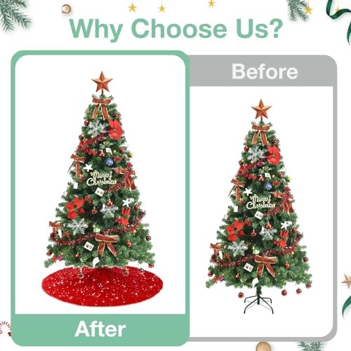 Red Christmas Tree Skirt Velvet 48 Inch Sequin Round Tree Skirts for Artificial Tree Large Sparkly Christmas Red Tree Skirts Xmas Tree Skirt Party Ornaments for 7.5ft Christmas Tree Decor