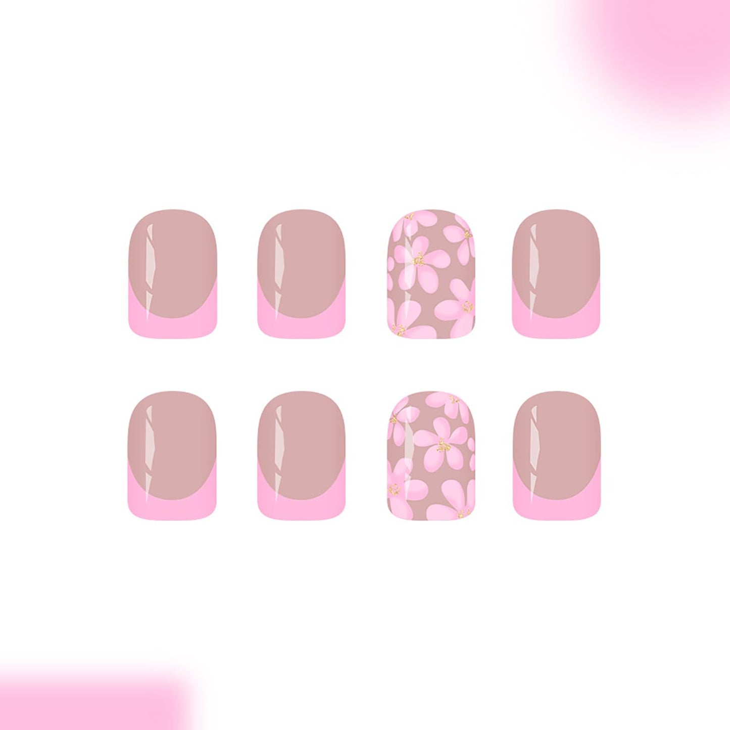 French Tip Press On Nails Short Fake Nails Square Nude Pink False Nails With Pink Flowers Designs Acrylic Spring Nails Press Ons Full Cover Glue On Nails Flower Stick On Nails For Women
