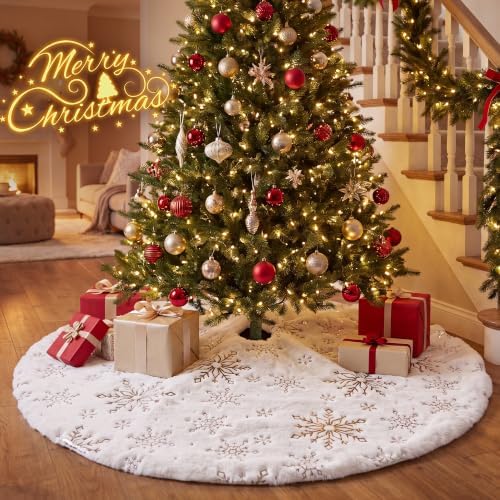 SeasonBliss Christmas Tree Skirt, Faux Fur Tree Skirt, Christmas Tree Skirts with Snowflake Patterns, Small Tree Skirt for 4ft-7.5ft Tree, Great for Christmas, Holiday, Party, 35.6 Inches, White