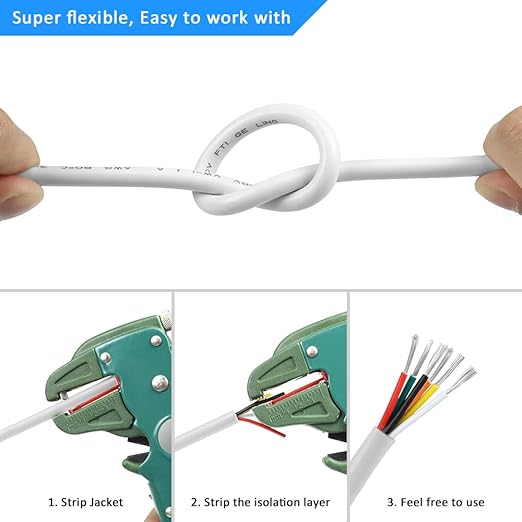 22 Gauge 6 Conductor Electrical Wire, 16.4FT White Stranded Low Voltage 22/6 Cable, PVC Case, 22 AWG Tinned Copper Wire Extension Power for LED Strips, Lamp Lighting, Automotive