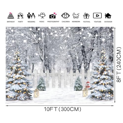 8x6ft Christmas Backdrop Winter Snow Forest White Fence Background Christmas Trees String Lights Lantern Snowman Photography Backdrop Holiday Party Banner Home Decor 115 - size: 8x6ft