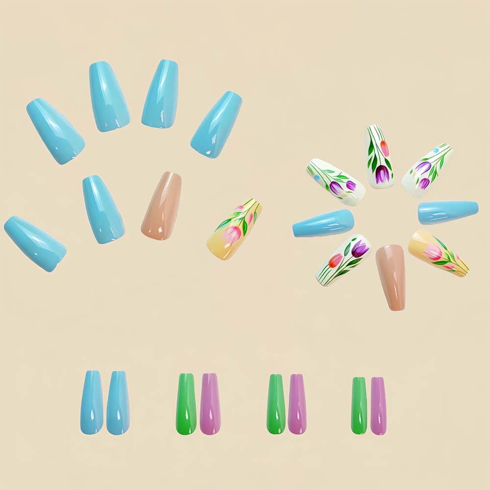 Long Press On Nails Coffin Fake Nails Flower False Nails With Tulip Design Blue Acrylic Full Cover Artificial Glossy Glue On Nail Summer Stick On Nail For Women Spring Manicure 24pcs