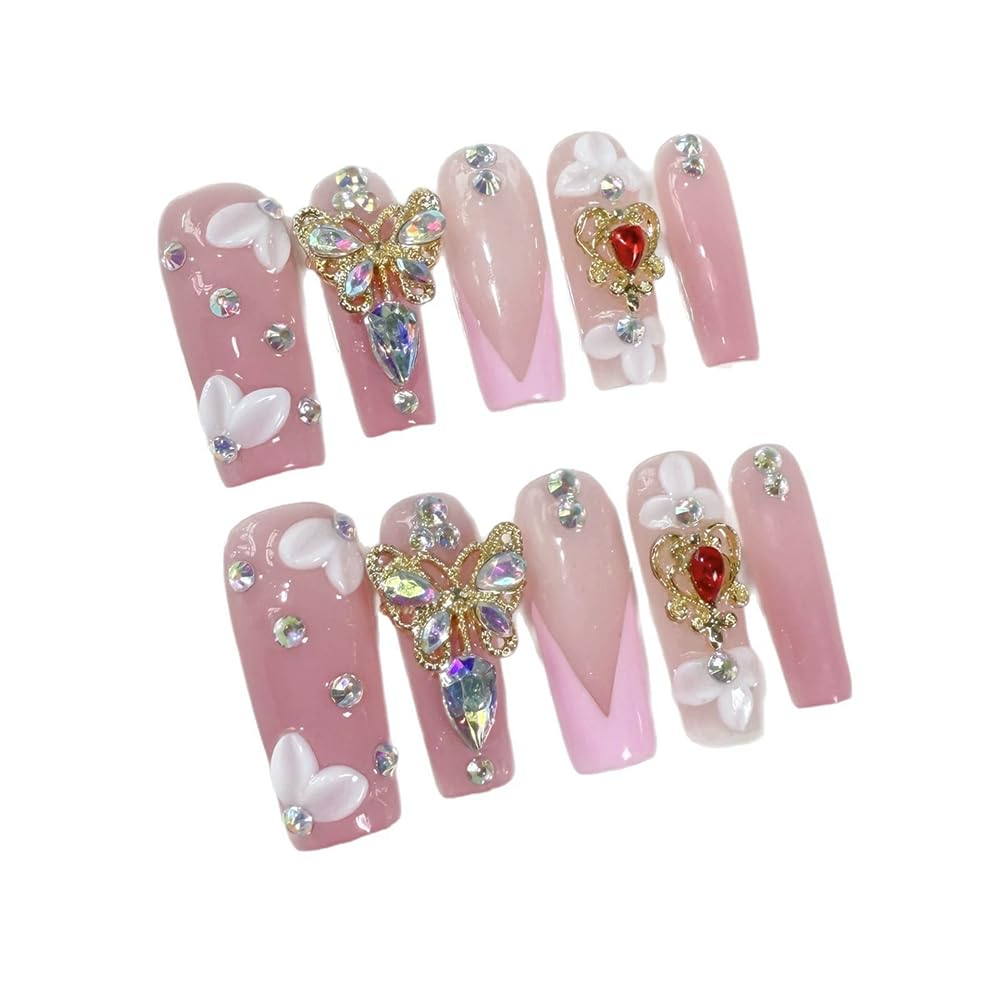 Handmade Press on Nails Long Coffin Fake Nails with 3D Butterfly Rhinestones Designs False Nail Pink Sparkly Acrylic Nails French Tip for Women 10pcs (Size M）