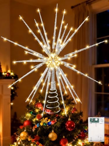 Meonum LED Starburst Christmas Tree Topper with Timer, Silver, 16inch