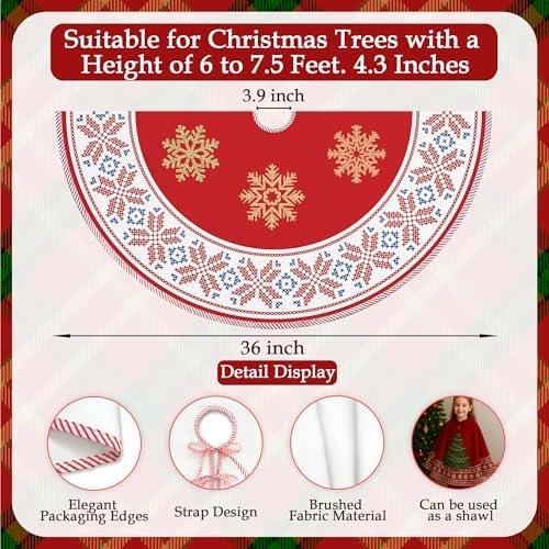 Red Christmas Tree Skirt 36 Inch, Red Christmas Decorations, Winter Xmas Snowflake Reindeer Tree Skirt for Home Xmas Party Winter Holiday Decor