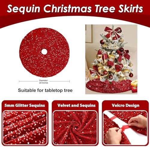 Red Glitter Tree Skirt 24 Inches Sequin Embroidery Velvet Christmas Tree Skirt for Table Top Porch Mini Tree Decoration