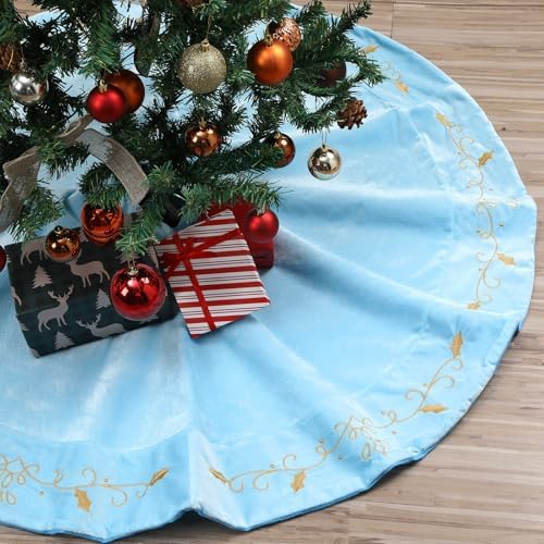 48inch Christmas Tree Skirt Blue Luxury Velvet Plush Fur Skirts with Gold Embroidery Xmas Velvet Tree Skirt Holly Leaves Gold Embroidered Trees Skirts for Christmas Holiday Party Decorations